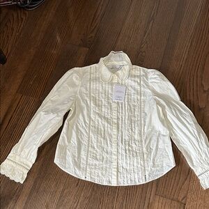 NWT Paris Atelier white lace trim button down shirt with ruffle sleeves sz 6